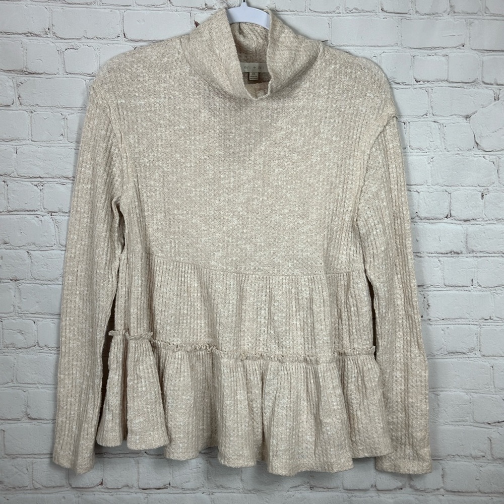 Anthropologie Eri + Ali Waffle Knit Tiered Swing Knit Top Mock Neck sz XS